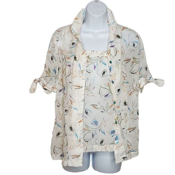 Vintage 2 Pc Tank Top Button Up Short Sleeve Blouse M Sheer Beige Leaves Floral - Picture 1 of 8